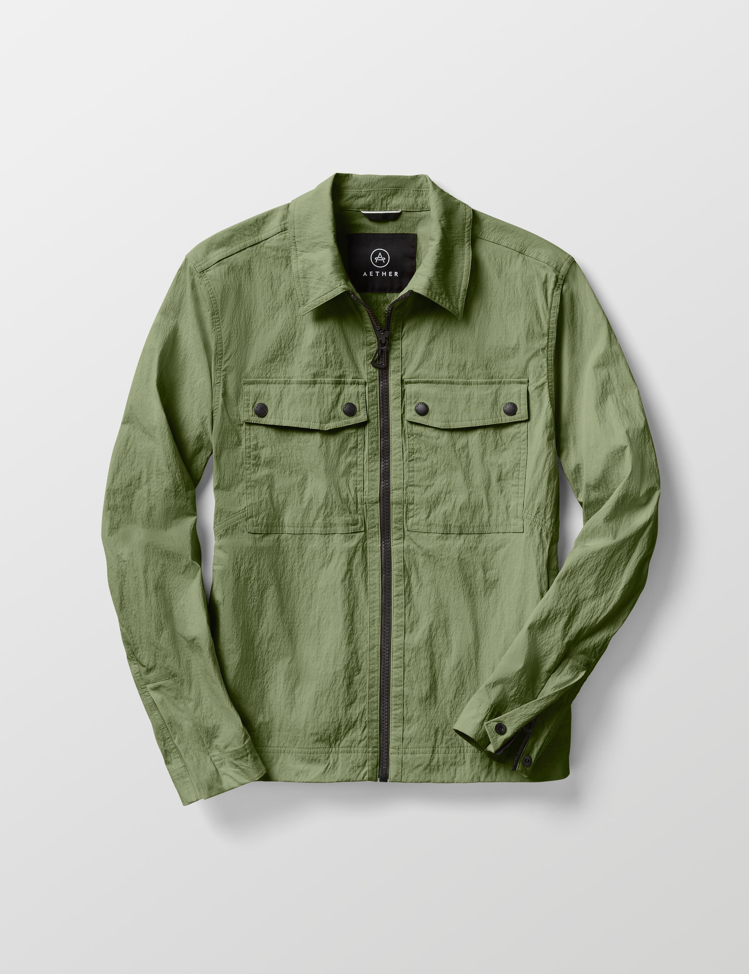Studio laydown of Baxter Jacket in Mineral Green