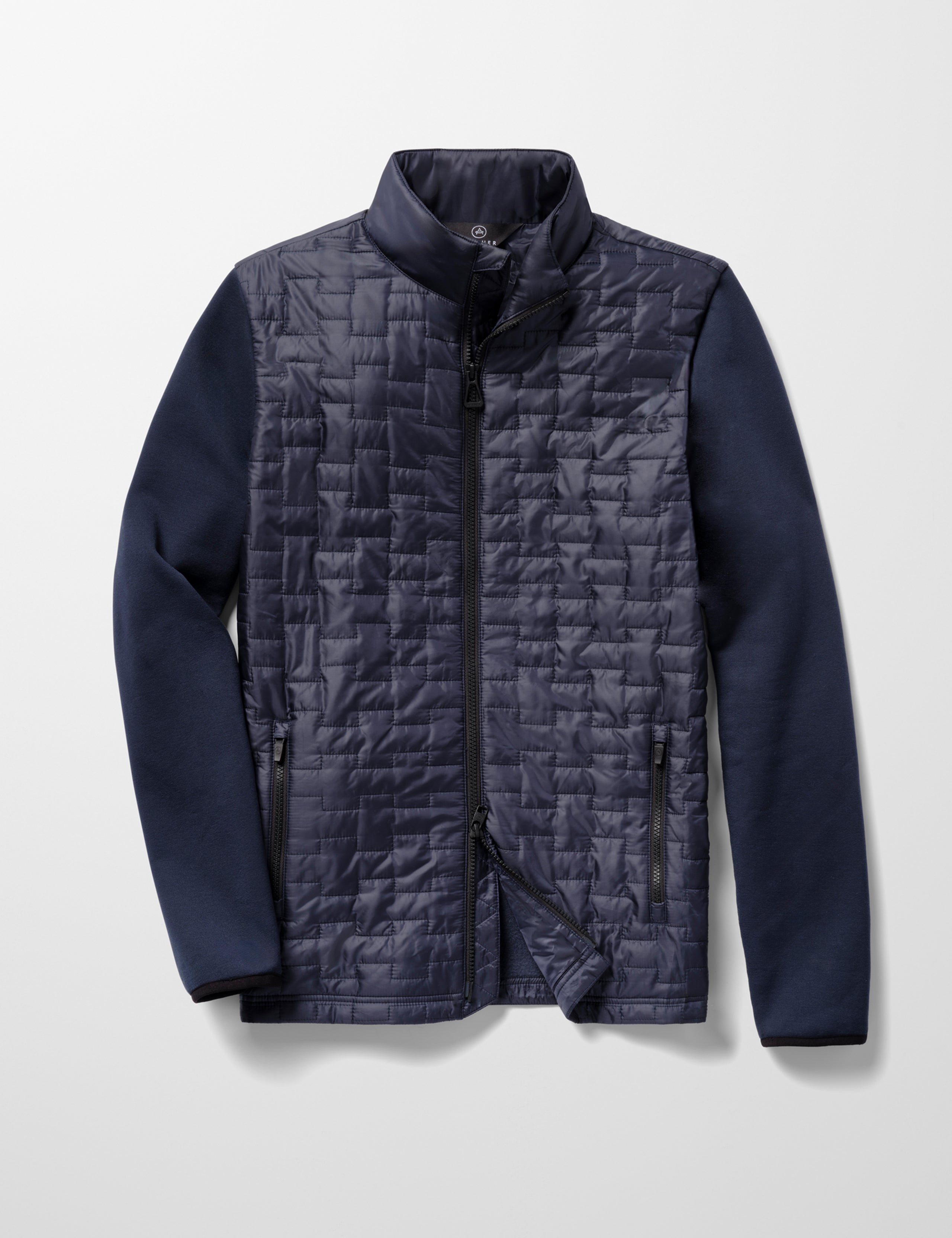 Flat lay image of men's Hybrid Tech Full-Zip in Total Eclipse dark blue from AETHER Apparel.