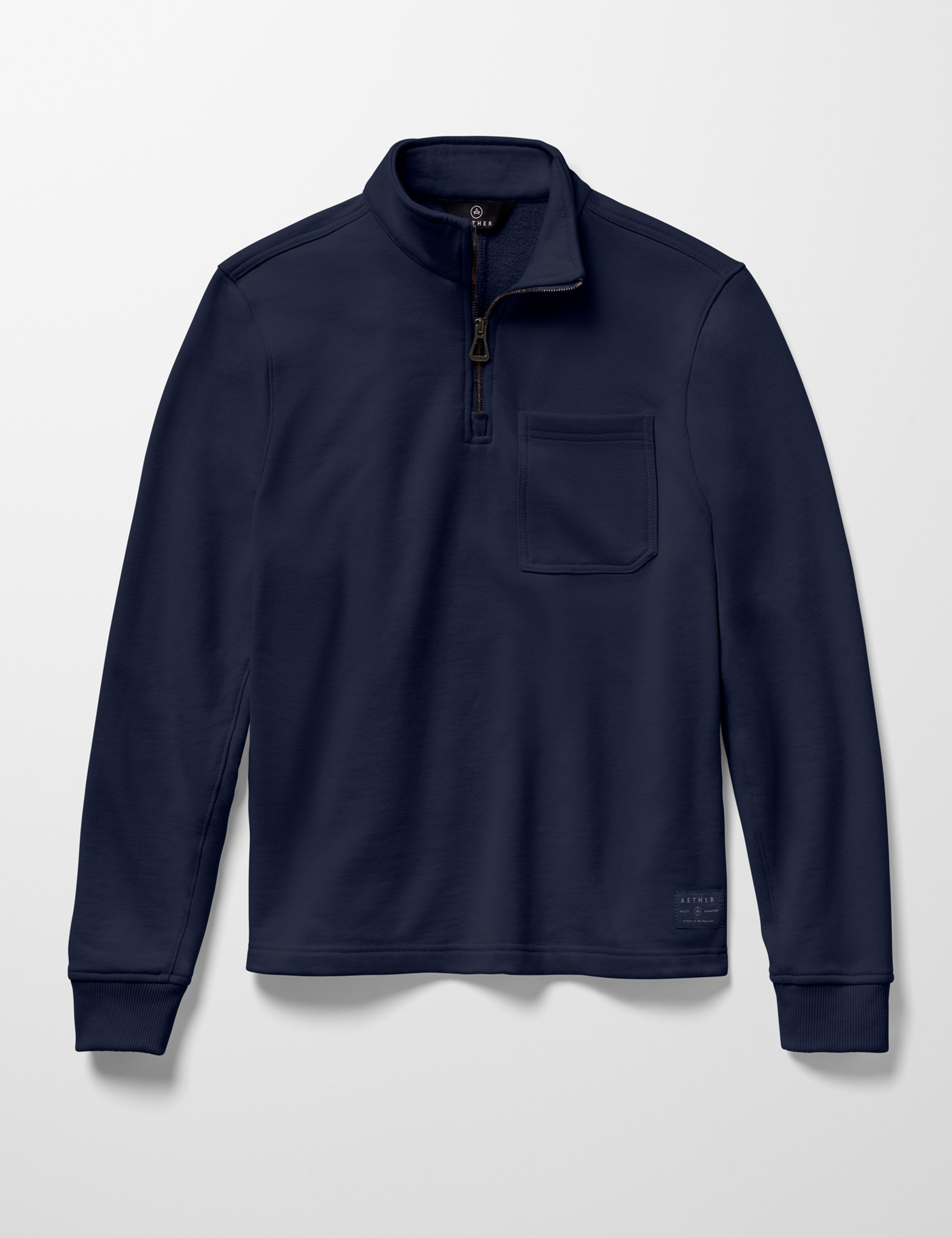 Flat lay image of men's Monte Half-Zip Sweatshirt in Total Eclipse dark blue from AETHER Apparel.