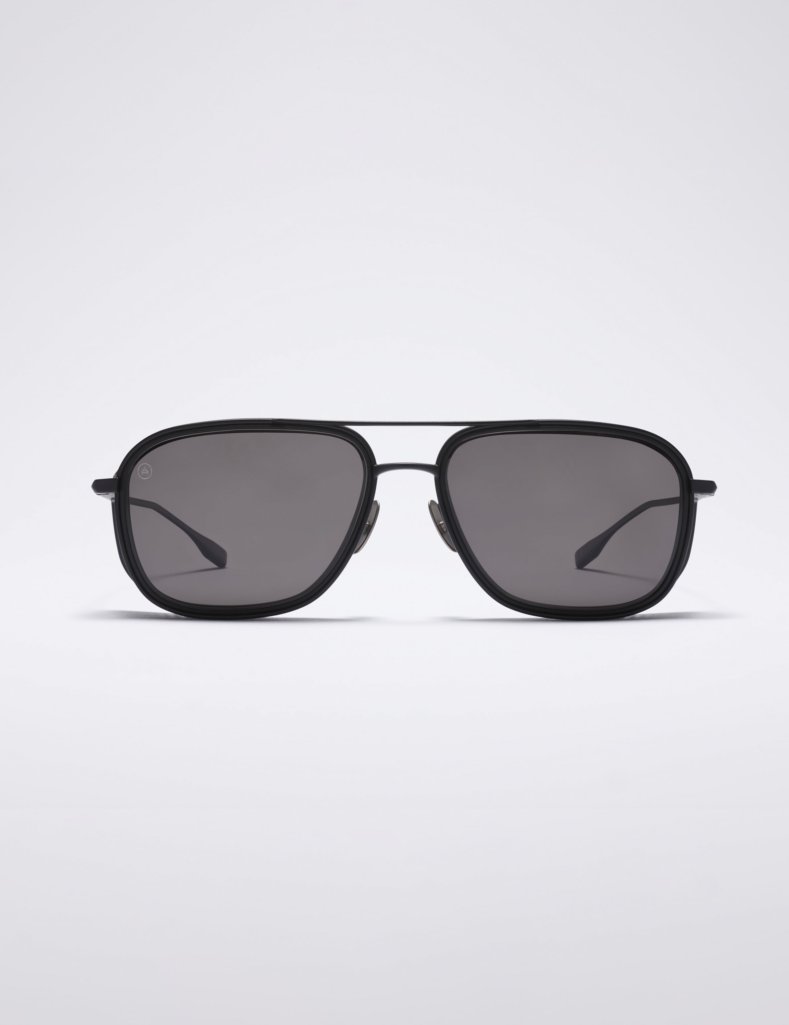 Front view of Summit Sunglass in Black titanium with black lens from AETHER Apparel.